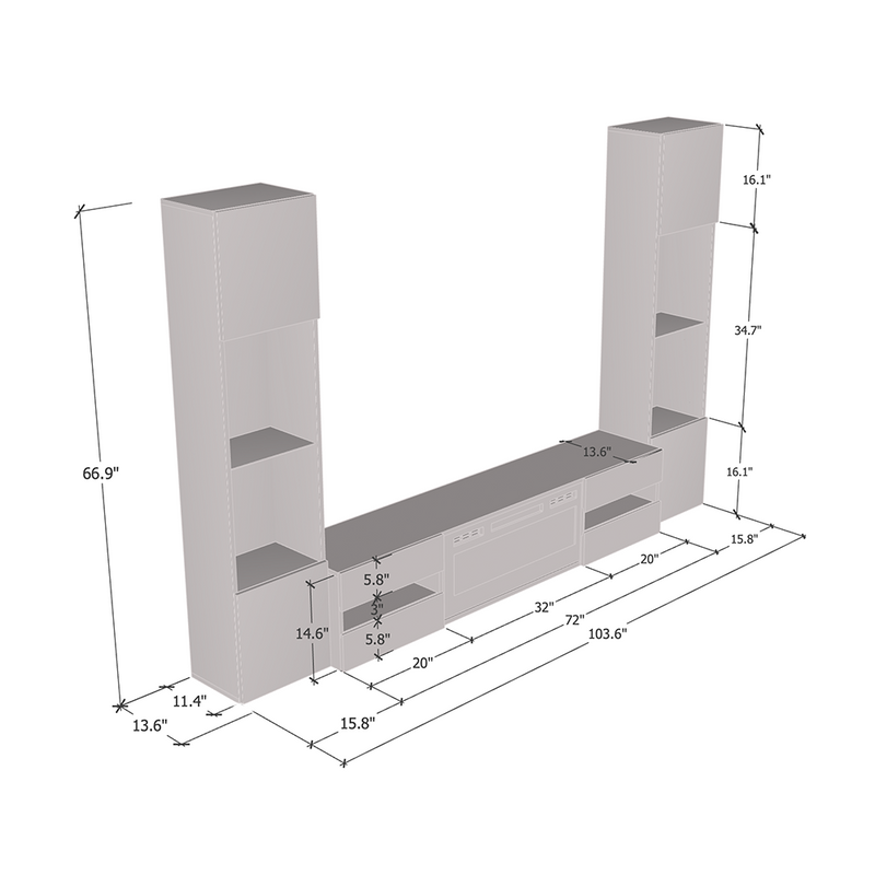 Metro WH-EF Floating Fireplace Entertainment Center dimensions diagram