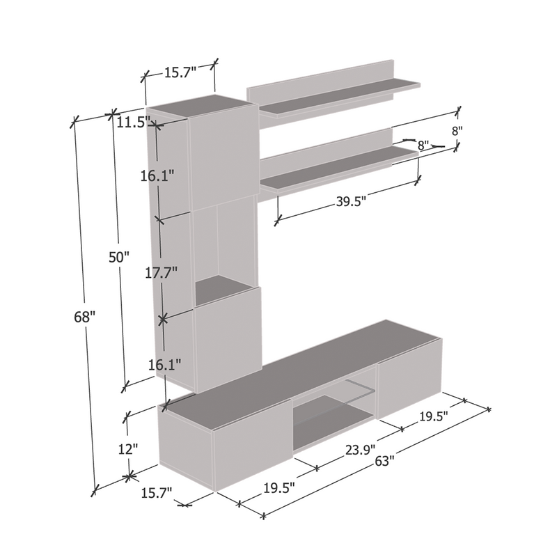 Fly H 33TV Floating Entertainment Center dimensions diagram