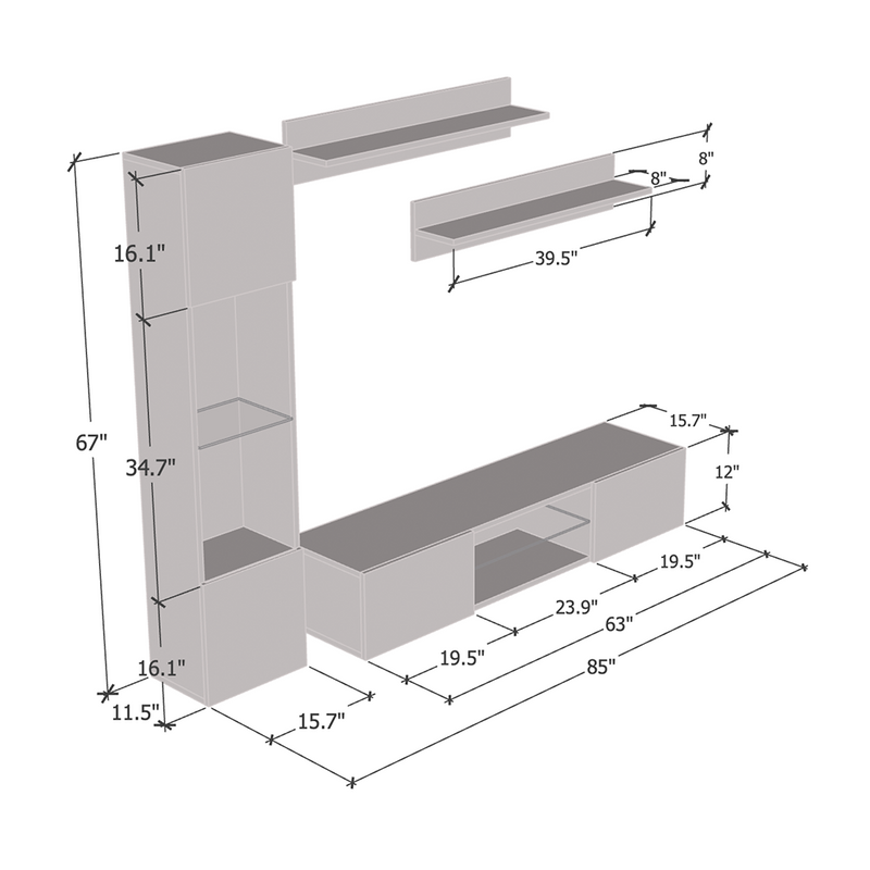 Fly G 33TV Floating Entertainment Center dimensions diagram