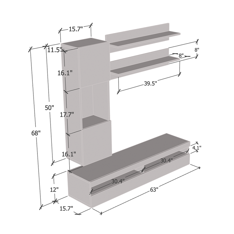 Fly H 35TV Floating Entertainment Center dimensions diagram