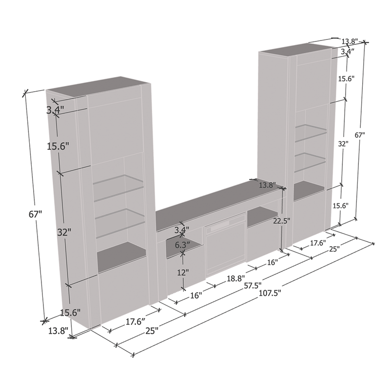 Milano 145EF-BK-BK Fireplace Entertainment Center dimensions diagram